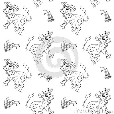 Cow seamless pattern. Cute cartoons monochrome farm animal Vector Illustration